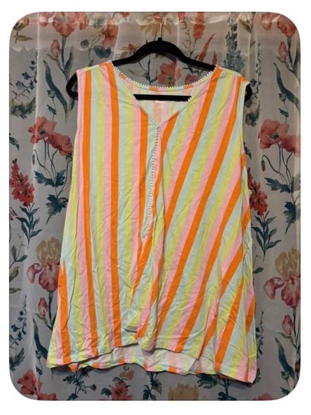 Lands' End Neon Striped Sleeveless Tank — Orange, Pink, Yellow on White
